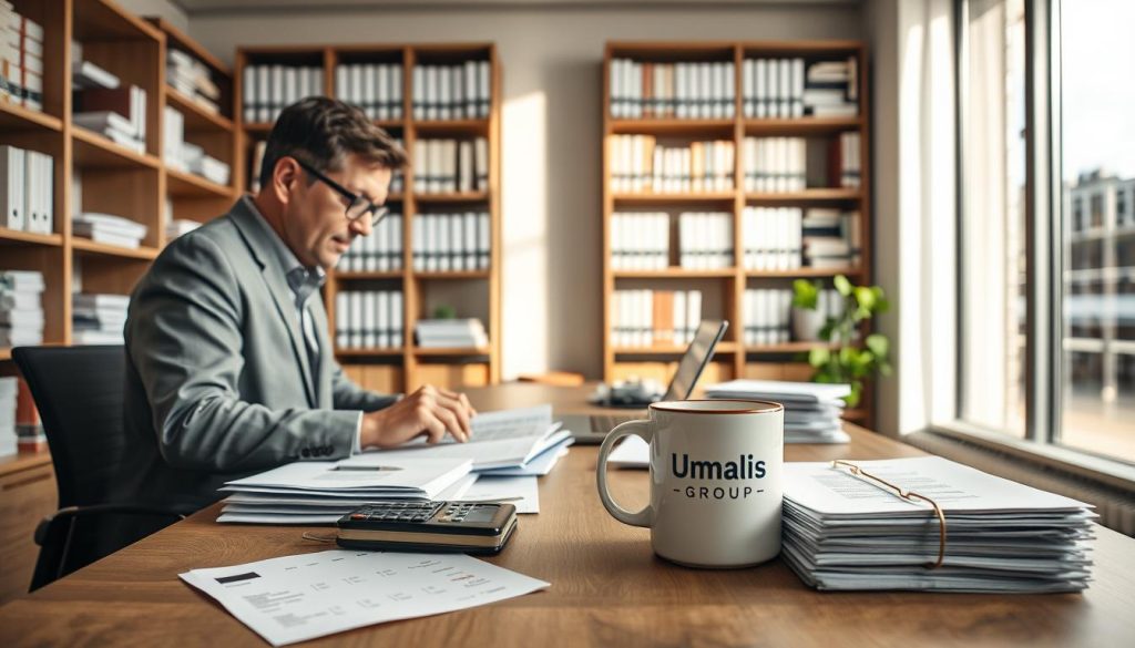 A modern office space featuring a professional accountant at a desk, deeply focused on bookkeeping tasks. Foreground: the accountant, a middle-aged individual in professional attire, meticulously organizing financial documents and using a laptop. Middle ground: a large, neatly arranged desk with stacks of invoices, a calculator, and a coffee mug with the brand name "Umalis Group" prominently displayed. Background: shelves filled with neatly organized books and files, soft natural light streaming in through a large window, creating a warm and inviting atmosphere. The overall mood is one of efficiency and trust, emphasizing the importance of accurate bookkeeping and accounting for small businesses. The scene is to be captured from a slightly elevated angle, providing a comprehensive view of the workspace.