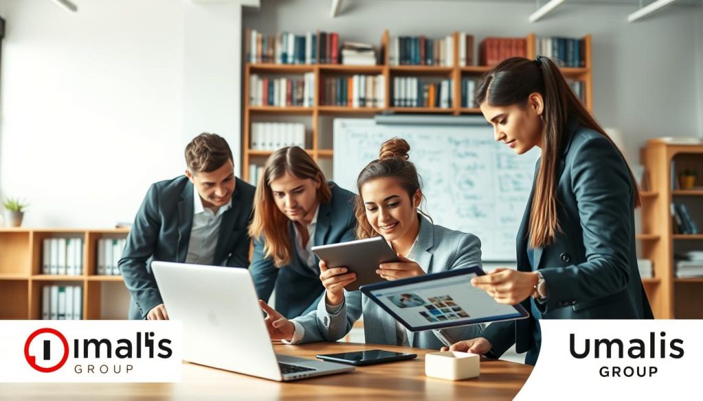 A modern office space featuring diverse IT professionals engaged in various tasks related to software development and consultancy. In the foreground, a mixed-gender group of three consultants, dressed in professional business attire, collaborate over a laptop, analyzing code and discussing solutions. In the middle, another consultant focuses on UI design on a digital tablet, showcasing creativity and innovation. The background includes shelves filled with tech books and a large whiteboard filled with project notes, creating an atmosphere of teamwork and productivity. The lighting is bright and inviting, mimicking a productive work environment. The composition should capture the essence of freelancing opportunities in the tech industry, with a subtle logo of "Umalis Group" in the corner, representing professional support and growth in the field of portage salarial.