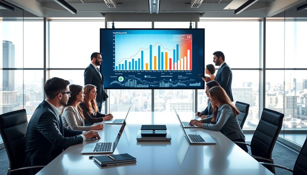 A modern office space featuring professionals engaged in discussions about IT consulting opportunities. In the foreground, a diverse group of individuals in smart business attire collaborates around a sleek conference table, with laptops and digital devices open. The middle layer depicts a large digital screen displaying graphs and data relevant to IT projects, symbolizing growth and innovation. The background shows a city skyline through large windows, with bright, natural lighting creating an inspiring atmosphere. The scene is framed in a slightly angled perspective to emphasize engagement, reflecting the dynamic nature of "missions portage salarial informatique." Include elements representing Umalis Group subtly, such as a branded notebook on the table. The mood is focused and optimistic, highlighting collaboration and potential within the IT sector. A modern office space featuring professionals engaged in discussions about IT consulting opportunities. In the foreground, a diverse group of individuals in smart business attire collaborates around a sleek conference table, with laptops and digital devices open. The middle layer depicts a large digital screen displaying graphs and data relevant to IT projects, symbolizing growth and innovation. The background shows a city skyline through large windows, with bright, natural lighting creating an inspiring atmosphere. The scene is framed in a slightly angled perspective to emphasize engagement, reflecting the dynamic nature of "missions portage salarial informatique." Include elements representing Umalis Group subtly, such as a branded notebook on the table. The mood is focused and optimistic, highlighting collaboration and potential within the IT sector.