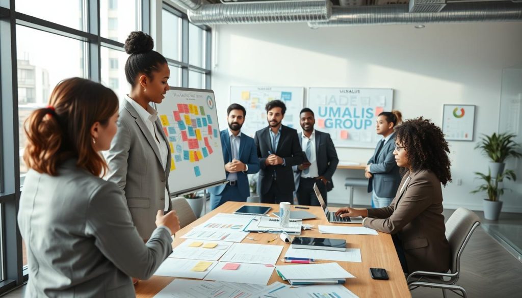 A modern office space filled with diverse professionals brainstorming over a large table covered in business papers and digital devices. In the foreground, a focused woman in professional attire is pointing at a whiteboard filled with colorful sticky notes and diagrams representing various business ideas. In the middle ground, a diverse team of men and women, also in business attire, engage in a lively discussion, showcasing collaboration and creativity. The background features large windows with natural light flooding the room, giving a bright and optimistic atmosphere. The scene captures a moment of innovation and validation, embodying the theme of entrepreneurship. Include the branding of "UMALIS GROUP" subtly integrated into a vision board on the wall. A modern office space filled with diverse professionals brainstorming over a large table covered in business papers and digital devices. In the foreground, a focused woman in professional attire is pointing at a whiteboard filled with colorful sticky notes and diagrams representing various business ideas. In the middle ground, a diverse team of men and women, also in business attire, engage in a lively discussion, showcasing collaboration and creativity. The background features large windows with natural light flooding the room, giving a bright and optimistic atmosphere. The scene captures a moment of innovation and validation, embodying the theme of entrepreneurship. Include the branding of "UMALIS GROUP" subtly integrated into a vision board on the wall.