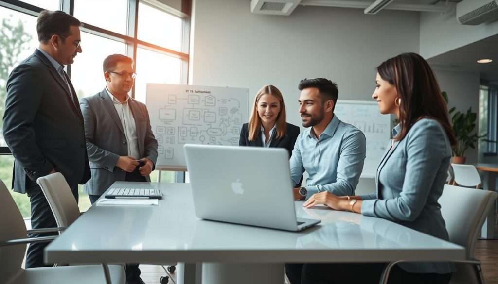 A modern office space filled with dynamic consultants engaged in discussions about technology and project management. In the foreground, a diverse group of three professionals, two men and one woman, dressed in business attire, are collaborating around a high-tech laptop on a sleek conference table. The middle scene showcases a whiteboard filled with technical diagrams and flowcharts, symbolizing IT solutions and strategies. The background features large windows allowing natural light to illuminate the room, enhancing a productive atmosphere. The mood is professional yet innovative, conveying a sense of teamwork and expertise. Use soft, focused lighting to highlight the consultants’ expressions and the technical materials in the room. The angle should be slightly elevated, offering a clear view of the collaboration process without distractions.