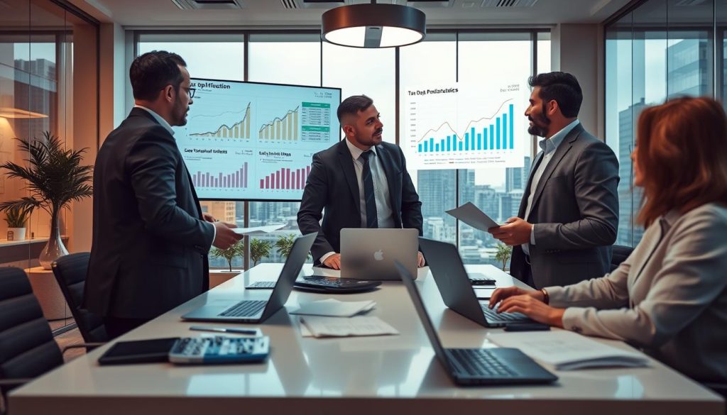 A modern office space filled with professionals deeply engaged in data science activities. In the foreground, a diverse group of three experts—two men and one woman—are discussing financial charts on a large screen, displaying graphs related to tax optimization and salary structures. They are dressed in professional business attire, exuding focus and collaboration. In the middle ground, a sleek conference table is scattered with laptops, financial documents, and a modern calculator. The background features a city skyline visible through large glass windows, symbolizing opportunity and growth. Soft, ambient lighting from overhead fixtures creates a warm yet professional atmosphere, while the camera angle provides a dynamic perspective, enhancing the feeling of productivity and innovation in the field of data science. A modern office space filled with professionals deeply engaged in data science activities. In the foreground, a diverse group of three experts—two men and one woman—are discussing financial charts on a large screen, displaying graphs related to tax optimization and salary structures. They are dressed in professional business attire, exuding focus and collaboration. In the middle ground, a sleek conference table is scattered with laptops, financial documents, and a modern calculator. The background features a city skyline visible through large glass windows, symbolizing opportunity and growth. Soft, ambient lighting from overhead fixtures creates a warm yet professional atmosphere, while the camera angle provides a dynamic perspective, enhancing the feeling of productivity and innovation in the field of data science.