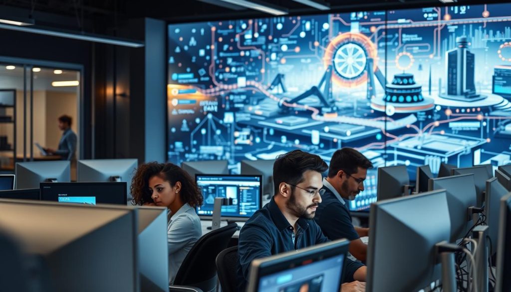 A modern office space filled with sleek digital devices, screens, and cables. In the foreground, a group of Umalis Group professionals collaborate, their faces alight with the glow of their workstations. The middle ground features a variety of specialized tools and software, representing the diverse array of digital transformations impacting various professions. The background showcases an abstract, multilayered landscape of emerging technologies, data flows, and interconnected systems. The scene exudes a sense of dynamism, innovation, and the seamless integration of digital solutions into the evolving workplace.