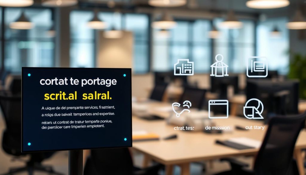 A modern office space filled with various business contracts, signifying the different types of employment arrangements within the Umalis Group. In the foreground, a well-lit display showcases the "contrat de portage salarial", a unique employment model that provides professional services and expertise. The middle ground features other contract types, such as "contrat de travail temporaire" and "contrat de mission", each represented by sleek, minimalist icons. The background blurs softly, emphasizing the diversity and versatility of the Umalis Group's employment solutions.