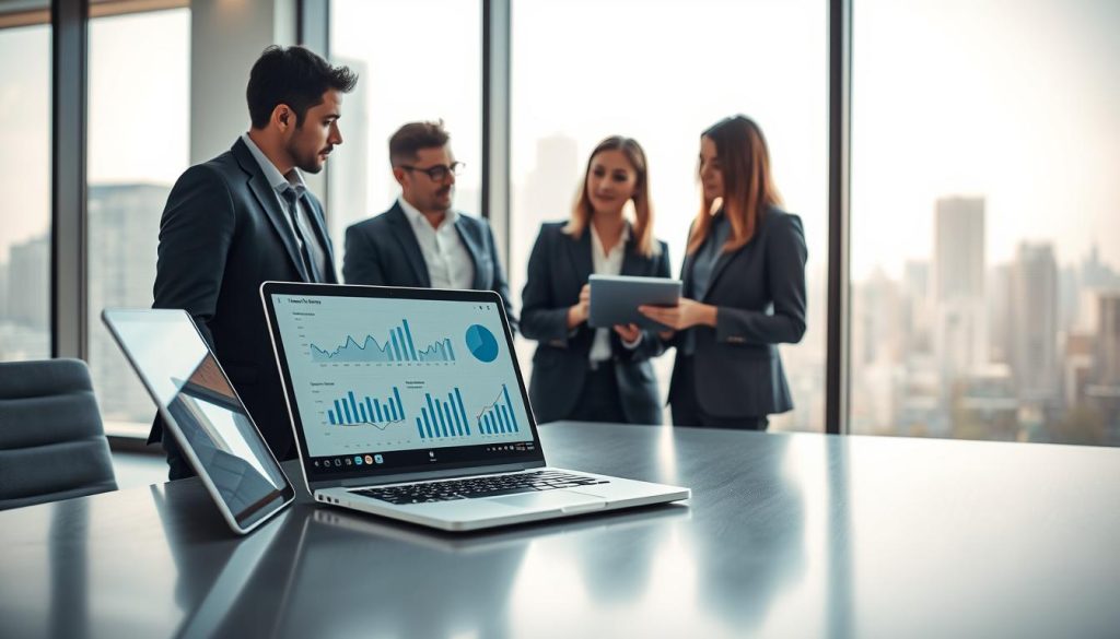A modern office space focused on digital management tools, featuring a sleek metal desk in the foreground with a laptop open, displaying charts and graphs. In the middle, a group of three professionals dressed in smart business attire are engaged in a discussion, pointing at a digital tablet displaying financial data. The background showcases large windows allowing natural light to flood the room, with a minimalist city skyline visible outside. Soft, warm lighting enhances the atmosphere, creating a collaborative mood. The overall composition emphasizes innovation and efficiency in expense management, highlighting the importance of digital tools in modern business environments.