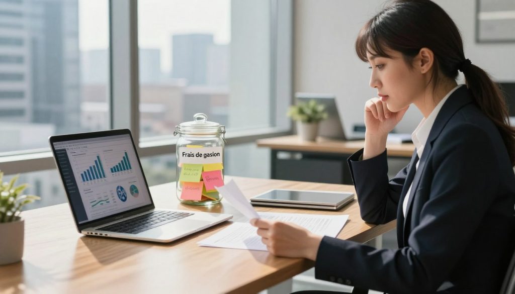 A modern office space focused on financial transparency and management, featuring a sleek wooden desk with a neatly arranged laptop displaying financial graphs and documents. In the foreground, a professional businesswoman in smart attire reviews papers, her expression thoughtful and focused. In the middle, a clear glass jar labeled "Frais de gestion" filled with colorful sticky notes representing various expenses, symbolizing organization and clarity. In the background, a large window reveals a cityscape with skyscrapers, bright daylight streaming in, creating an uplifting atmosphere. Soft shadows and bright, natural lighting enhance the professionalism of the scene, captured from a mid-angle to showcase both the individual and the workspace in an engaging composition.