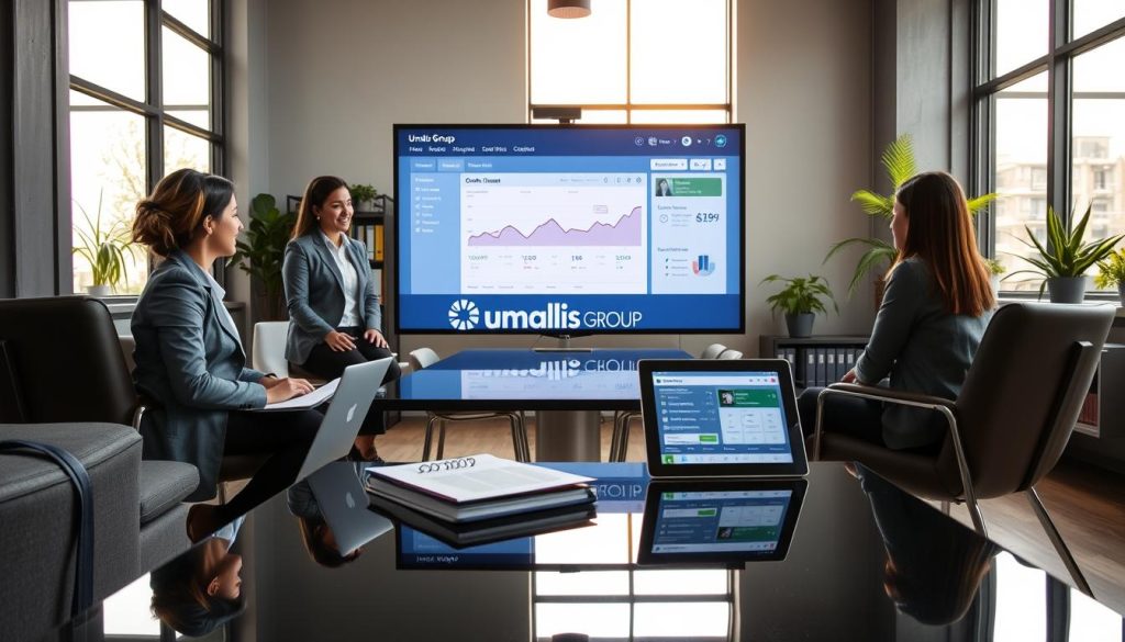 A modern office space focused on order management and procurement, featuring a diverse group of three professionals in business attire engaged in a discussion around a large digital screen displaying graphs and order timelines. In the foreground, a black coffee table holds documents, a laptop, and a tablet showing an order management software interface. The middle ground reveals a sleek conference table with chairs, gleaming under bright, natural lighting streaming through large windows. In the background, shelves with neatly organized files and plants add a touch of greenery, creating a vibrant and productive atmosphere. The branding of "Umalis Group" subtly integrated into the digital interface on the screen. The overall mood is energetic and focused, encapsulating the urgency and importance of order management in project-based work.