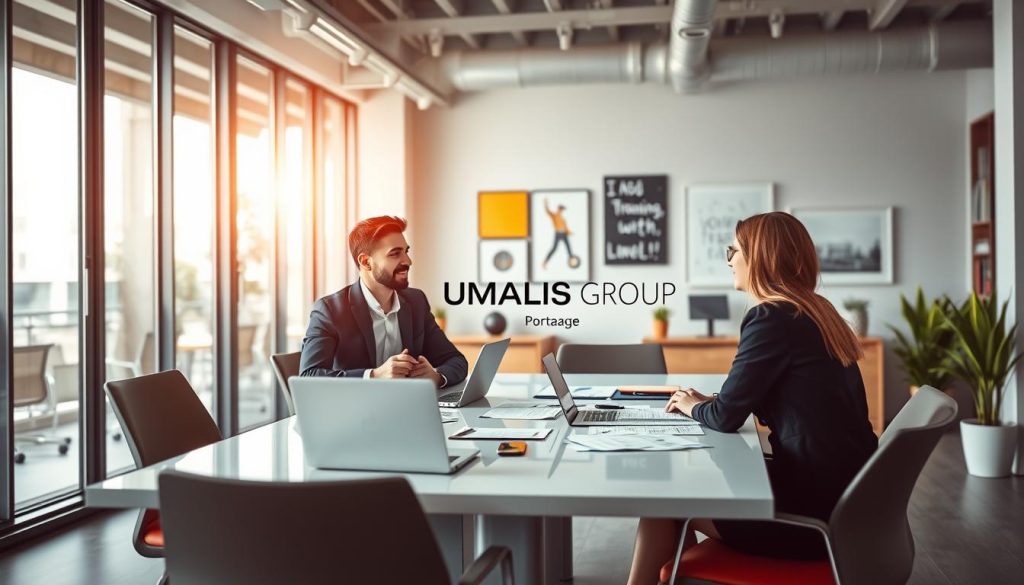 A modern office space illustrating a "portage salarial" company, featuring a diverse group of professionals engaged in a collaborative meeting. In the foreground, a man and a woman in business attire discuss plans at a sleek conference table, with laptops and documents spread out. In the middle, large glass windows allow natural light to illuminate the room, enhancing the atmosphere of productivity. The background displays a creative workspace with inspiring wall art and potted plants, creating a welcoming vibe. The scene reflects a sense of professionalism, goals, and success, focusing on the theme of training and support for independent workers. Include the brand name "UMALIS GROUP" subtly in the office decor. The image should have vibrant colors and a warm, inviting light.
