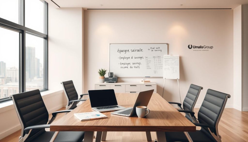 A modern office space in soft neutral tones, with a large window overlooking a city skyline. In the foreground, a wooden table with ergonomic chairs, on which sits a laptop, a cup of coffee, and various financial documents labeled "épargne salariale". The middle ground features a stylish filing cabinet and a whiteboard with handwritten notes on employee savings plans. The background showcases the Umalis Group logo, subtly displayed on the wall, signifying the connection to the article's subject matter. Warm, diffused lighting creates a professional yet inviting atmosphere, reflecting the concept of maximizing income through employee savings programs.