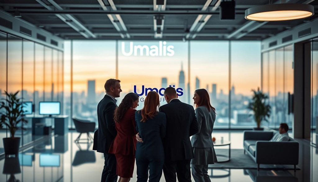 A modern office space in transition, with the Umalis Group logo prominently displayed. In the foreground, a team of professionals huddled around a holographic display, their faces illuminated by a warm, ambient lighting. In the middle ground, sleek furniture and minimalist decor suggest a streamlined, efficient workflow. The background fades into a futuristic skyline, hinting at the broader context of organizational transformation. The mood is one of focused collaboration, guided by a clear vision for optimization and restructuring. A modern office space in transition, with the Umalis Group logo prominently displayed. In the foreground, a team of professionals huddled around a holographic display, their faces illuminated by a warm, ambient lighting. In the middle ground, sleek furniture and minimalist decor suggest a streamlined, efficient workflow. The background fades into a futuristic skyline, hinting at the broader context of organizational transformation. The mood is one of focused collaboration, guided by a clear vision for optimization and restructuring.