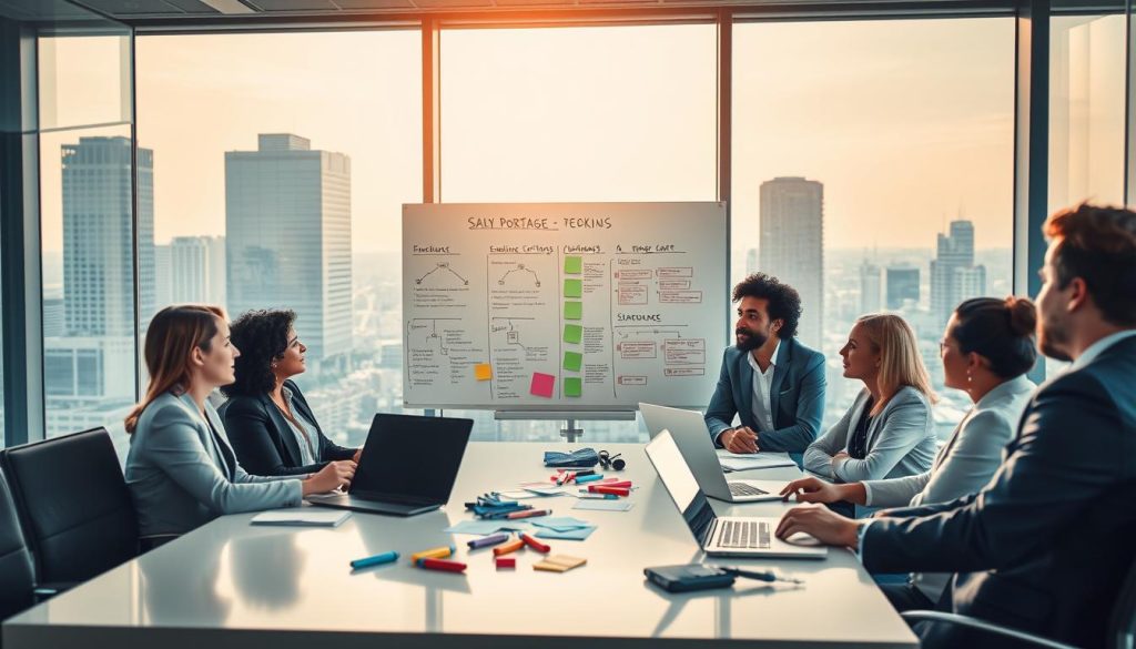 A modern office space is depicted in the foreground, featuring a group of diverse professionals in business attire engaged in a lively discussion about choosing a salary portage company in the tech sector. They are sitting around a sleek conference table with laptops and digital devices in front of them. In the middle ground, a large whiteboard displays flowcharts and criteria for evaluating portage companies, with vibrant markers and sticky notes scattered around. The background reveals a panoramic view of a bustling cityscape through large glass windows, bathed in warm afternoon light that creates a productive and inspiring atmosphere. The scene should evoke a sense of collaboration and professionalism, emphasizing the importance of informed decision-making in the digital industry. A modern office space is depicted in the foreground, featuring a group of diverse professionals in business attire engaged in a lively discussion about choosing a salary portage company in the tech sector. They are sitting around a sleek conference table with laptops and digital devices in front of them. In the middle ground, a large whiteboard displays flowcharts and criteria for evaluating portage companies, with vibrant markers and sticky notes scattered around. The background reveals a panoramic view of a bustling cityscape through large glass windows, bathed in warm afternoon light that creates a productive and inspiring atmosphere. The scene should evoke a sense of collaboration and professionalism, emphasizing the importance of informed decision-making in the digital industry.