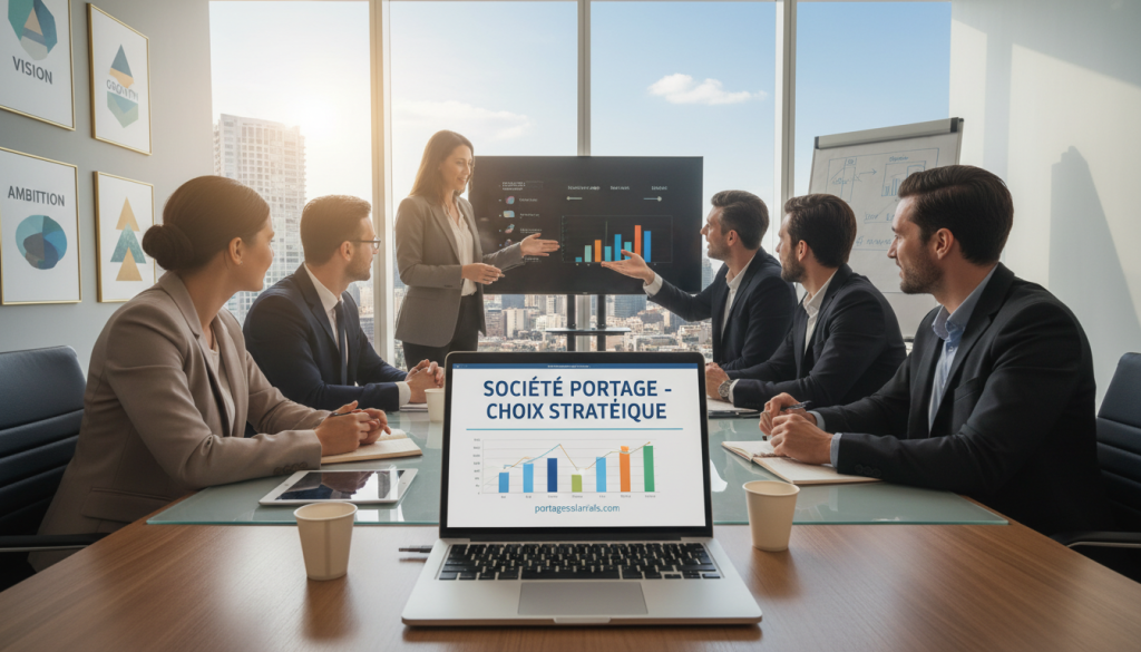 A modern office space reflecting a professional atmosphere, with a diverse group of individuals in business attire engaging in discussion around a conference table. In the foreground, a laptop displays financial graphs related to the concept of "société portage." In the middle, a large window reveals a cityscape, symbolizing growth and opportunity. Soft natural lighting filters in, creating a warm and welcoming environment. The background features motivational artwork on the walls, reinforcing focus and ambition. An air of collaboration and strategic thinking permeates the scene. Include the website "portagesalarials.com" subtly in the foreground, ensuring it appears as part of the business materials. The overall mood is uplifting and professional, inviting contemplation of choosing the right portage company based on financial priorities.