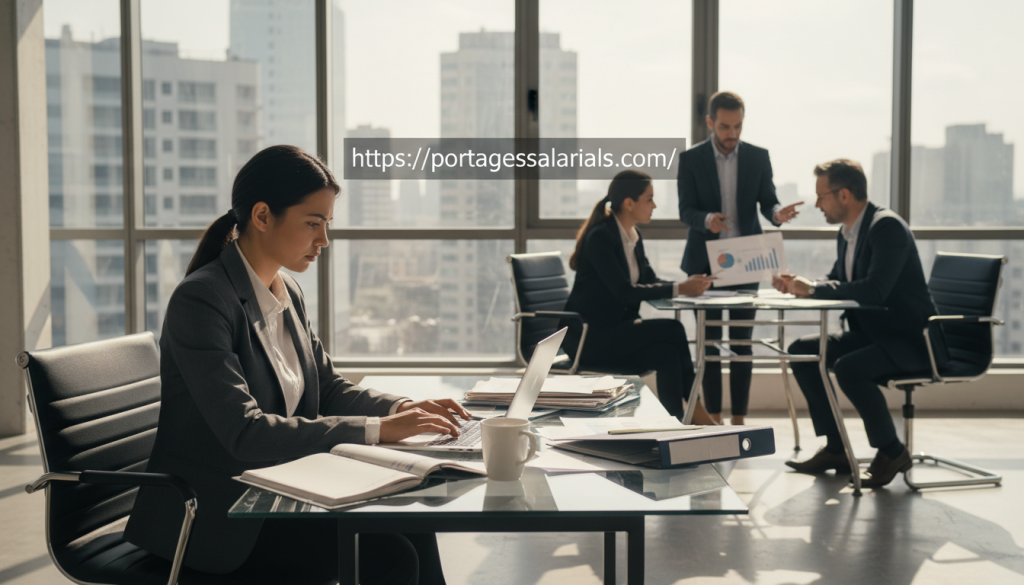 A modern office space showcasing the contrast between autonomy and delegation in business management. In the foreground, a professional-looking woman in smart business attire analyzes data on her laptop, surrounded by documents and a coffee mug, exuding focus and independence. In the middle ground, a diverse group of three business people in business casual attire engage in a discussion over charts and financial reports, symbolizing collaboration and teamwork. The background features a large window with cityscape views, allowing natural light to wash over the scene, creating a bright and motivating atmosphere. Soft shadows enhance the sense of depth. This image visually represents the themes of management, administration, and accounting. Promote: https://portagesalarials.com/.