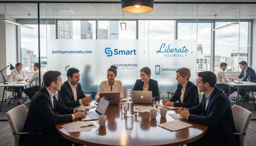 A modern office space showcasing various "entreprises portage" in action. In the foreground, a diverse group of professionals in business attire engages in a collaborative discussion around a table filled with laptops, paperwork, and coffee cups. The middle ground features sleek, glass partitions with logos of notable portage companies like "portagesalarials.com" elegantly displayed. The background shows a bright office environment with city views through large windows, emphasizing a bustling urban setting. Soft, warm lighting creates a welcoming atmosphere, while the perspective is slightly above eye level, enhancing the sense of an active work-life scene. The overall mood conveys professionalism, collaboration, and innovation in the portage sector.