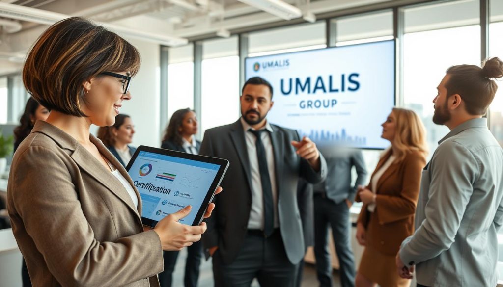 A modern office space with a collaborative atmosphere, showcasing a diverse group of professionals in business attire engaged in discussions about AI certifications. In the foreground, a female consultant with short hair and glasses is analyzing a digital tablet displaying graphs and charts related to AI skill development. In the middle ground, a male consultant points towards a large screen displaying "UMALIS GROUP" alongside key terms like "Certification," "Skills," and "Artificial Intelligence." The background contains a large window with a bright cityscape, symbolizing growth and innovation. Soft, natural lighting filters in, creating a warm, productive mood. The perspective is a slightly elevated angle, emphasizing the dynamic interaction among the professionals.