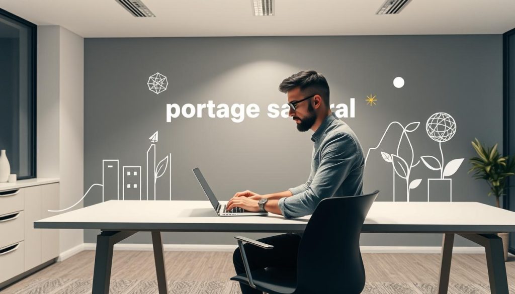 A modern office space with a freelancer working on a laptop, surrounded by visual elements representing the concept of "portage salarial". The freelancer is seated at a minimalist desk, with clean lines and a neutral color palette. Soft, directional lighting illuminates the scene, creating a sense of focus and professionalism. In the background, abstract shapes and patterns suggestive of growth, flexibility, and career evolution. The overall mood is one of productivity, opportunity, and a new chapter in the professional journey.