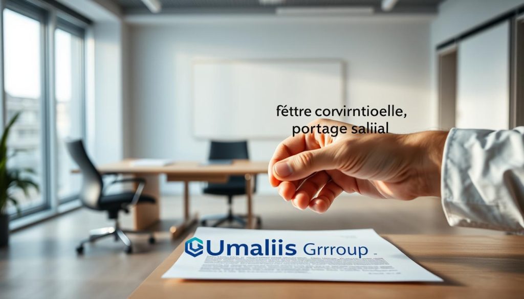 A modern office space with a large desk and chair, representing the traditional employment contract. In the foreground, a person's hands reaching to sign a document labeled "Rupture conventionnelle portage salarial", signifying the mutual termination of the employment relationship. The Umalis Group logo is prominently displayed, indicating their role in the process. The lighting is soft and natural, creating a contemplative atmosphere. The overall scene conveys the transition from a conventional employment setup to the flexibility and autonomy of the portage salarial arrangement.