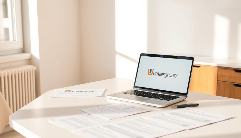 A modern office space with a minimalist aesthetic, featuring a clean and organized desk showcasing a laptop displaying the Umalis Group logo. On the desk, various documents and paperwork related to "choix statut juridique micro-entreprise" are neatly arranged, creating a sense of professionalism and attention to detail. The room is bathed in warm, natural lighting, casting a cozy and inviting atmosphere. The overall composition conveys a sense of focus, productivity, and the ease of navigating the legal aspects of becoming a freelance professional.