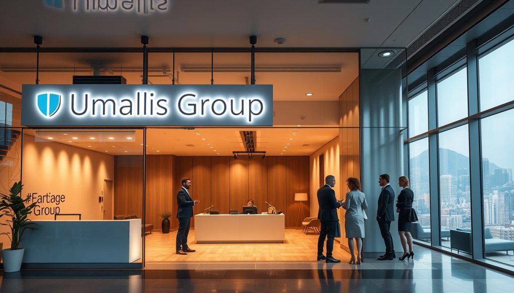 A modern office space with a prominent sign reading "Umalis Group" displayed on the facade. In the foreground, a group of well-dressed professionals engaged in discussion, conveying the collaborative nature of enterprise portage salarial. The middle ground features a reception desk and waiting area, creating a welcoming atmosphere. The background showcases a panoramic view of a bustling city skyline, hinting at the broader business ecosystem. Warm lighting and a crisp, professional aesthetic set the tone for the responsibilities of enterprises in the portage salarial industry.