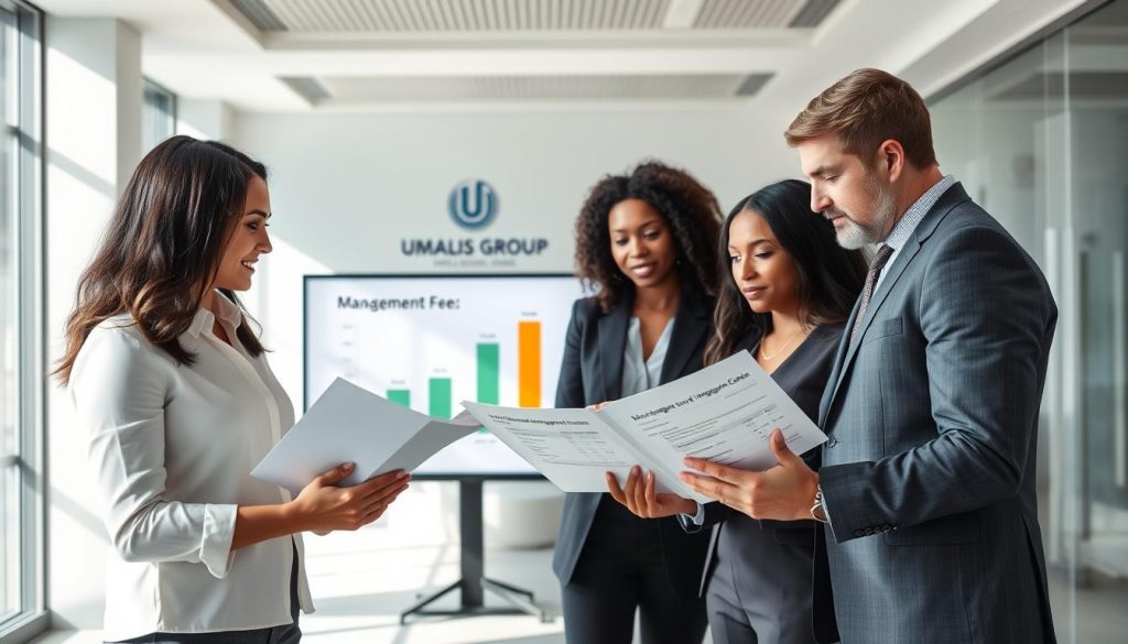A modern office space with a sleek, minimalist design as the backdrop. In the foreground, a diverse group of four professionals—a man and a woman of different ethnicities—are engaged in an analytical discussion over documents displaying financial reports and management fee comparisons. They are dressed in professional attire, with focused expressions that convey concentration and teamwork. In the middle ground, a large screen displays a bar graph comparing management fees, visually indicating the importance of choice. The lighting is bright and natural, with sunlight streaming in through large windows, creating an inviting atmosphere. In the background, a logo for "UMALIS GROUP" is subtly placed on an office wall, reinforcing the context of professional financial management. The overall mood is one of collaboration and informed decision-making. A modern office space with a sleek, minimalist design as the backdrop. In the foreground, a diverse group of four professionals—a man and a woman of different ethnicities—are engaged in an analytical discussion over documents displaying financial reports and management fee comparisons. They are dressed in professional attire, with focused expressions that convey concentration and teamwork. In the middle ground, a large screen displays a bar graph comparing management fees, visually indicating the importance of choice. The lighting is bright and natural, with sunlight streaming in through large windows, creating an inviting atmosphere. In the background, a logo for "UMALIS GROUP" is subtly placed on an office wall, reinforcing the context of professional financial management. The overall mood is one of collaboration and informed decision-making.