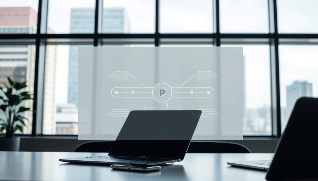A modern office space with a sleek, minimalist design. In the foreground, a laptop and smartphone are prominently displayed, representing the digital tools used by IT consultants in the LIGHT PORTAGE portage salarial system. The middle ground features a stylized diagram or infographic illustrating the key steps and workflow of the portage salarial process, with clean lines and subtle color accents. The background showcases a cityscape view through large windows, suggesting the professional, urban environment in which this IT consulting work takes place. The lighting is soft and diffused, creating a calm, productive atmosphere. The overall composition conveys the efficiency, technology, and flexibility of the LIGHT PORTAGE portage salarial solution for IT consultants.