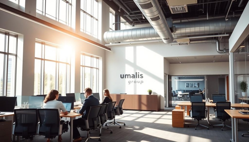 A modern office space with a sleek, minimalist design. Sunlight streams through large windows, casting a warm glow over the Umalis Group's co-working desks and ergonomic chairs. In the foreground, a group of professionals in business attire collaborate on laptops, discussing employment opportunities in the flexible "portage salarial" model. The middle ground features a reception area with the Umalis Group's branding prominently displayed, welcoming independent workers seeking new career paths. In the background, an open layout reveals private meeting rooms and communal breakout spaces, fostering a productive and collaborative atmosphere. The overall scene conveys a sense of professionalism, innovation, and the flexibility of the "portage salarial" employment model.