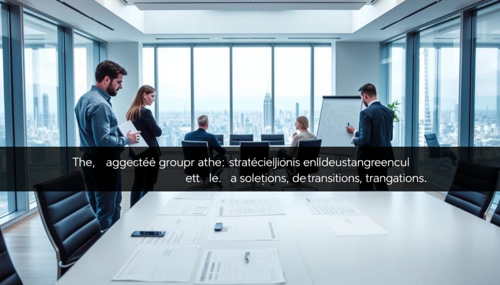 A modern office space with clean lines, natural lighting, and a collaborative atmosphere. In the foreground, a team of professionals, the "Umalis Group", engaged in a strategic planning session, poring over documents and sketching ideas on a large whiteboard. In the middle ground, a sleek conference table surrounded by ergonomic chairs, creating an environment conducive to productive discussions. The background features a panoramic cityscape view, hinting at the broader context and the global reach of the transition management strategies being considered. The overall mood is one of focus, innovation, and a sense of forward momentum, reflecting the "Stratégies gagnantes pour réussir vos missions de transition" theme. A modern office space with clean lines, natural lighting, and a collaborative atmosphere. In the foreground, a team of professionals, the "Umalis Group", engaged in a strategic planning session, poring over documents and sketching ideas on a large whiteboard. In the middle ground, a sleek conference table surrounded by ergonomic chairs, creating an environment conducive to productive discussions. The background features a panoramic cityscape view, hinting at the broader context and the global reach of the transition management strategies being considered. The overall mood is one of focus, innovation, and a sense of forward momentum, reflecting the "Stratégies gagnantes pour réussir vos missions de transition" theme.
