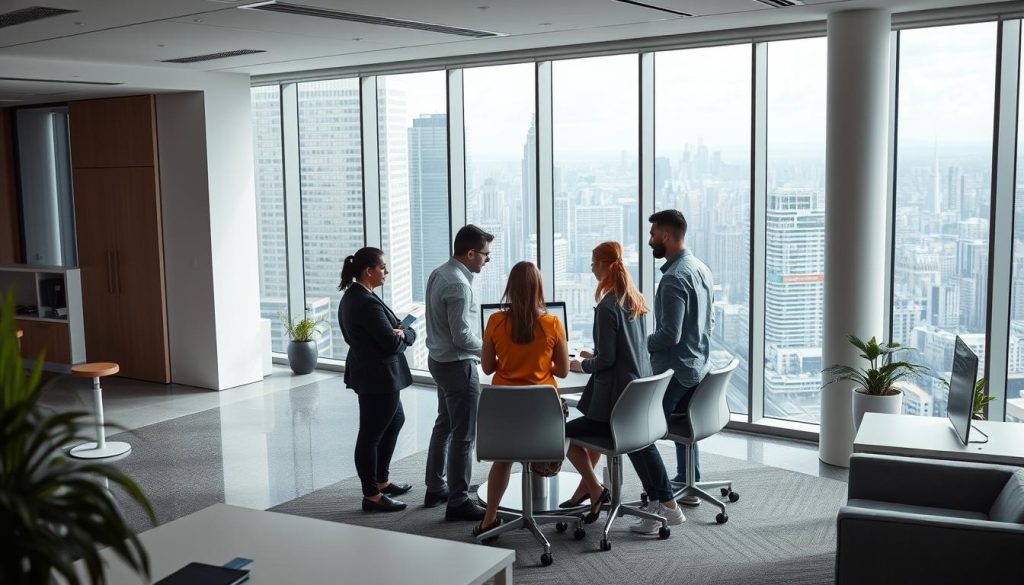 A modern office space with individuals collaborating on a financial portage salarial service. In the foreground, a team of professionals engaged in a meeting, discussing financial strategies and optimization techniques. The middle ground showcases a sleek, minimalist workspace with high-tech equipment and stylish furnishings. In the background, floor-to-ceiling windows provide natural lighting and a panoramic view of a bustling urban landscape, symbolizing the dynamic and fast-paced nature of the industry. The overall atmosphere conveys a sense of professionalism, efficiency, and a focus on maximizing financial returns while minimizing operational costs.