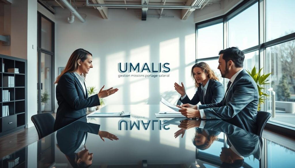A modern office space with large windows, allowing natural light to flood the room. In the foreground, two professionals in business attire are engaged in a discussion, gesturing animatedly as they review documents on a sleek glass-topped table. In the middle ground, a UMALIS GROUP logo is prominently displayed on the wall, conveying the subject of "gestion missions portage salarial". The background features additional office furnishings, such as a bookshelf and potted plants, creating a professional and collaborative atmosphere. The scene is captured with a wide-angle lens, providing a comprehensive view of the space and its activities. The overall mood is one of productivity, efficiency, and the advantages of the "portage salarial" business model for the enterprise client.