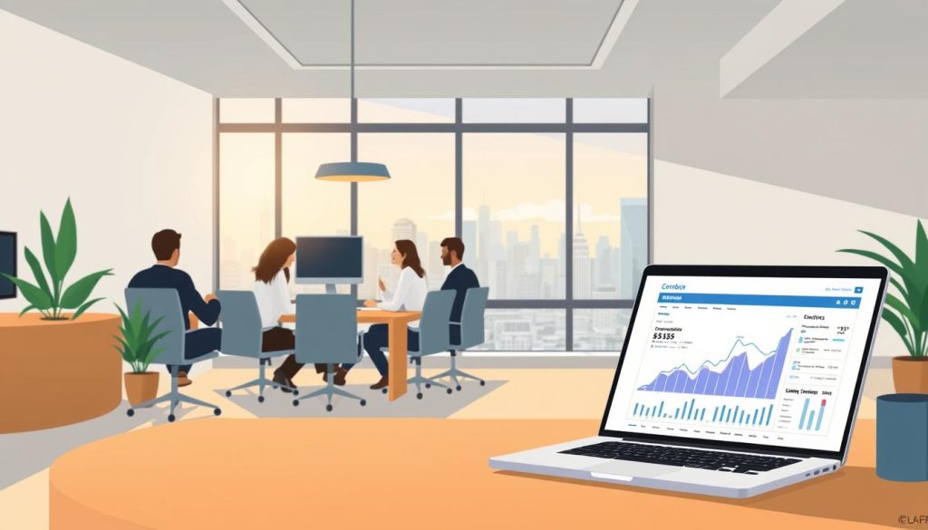 A modern office space with minimalist decor and clean lines. In the foreground, a business person sits at a desk, studying analytics displayed on a sleek laptop screen. The middle ground depicts a team collaborating around a conference table, brainstorming strategies to optimize client acquisition processes. In the background, a large window overlooking a bustling city skyline casts a warm, natural light across the scene. The atmosphere conveys a sense of focus, efficiency, and a data-driven approach to enhancing client retention and minimizing acquisition costs.