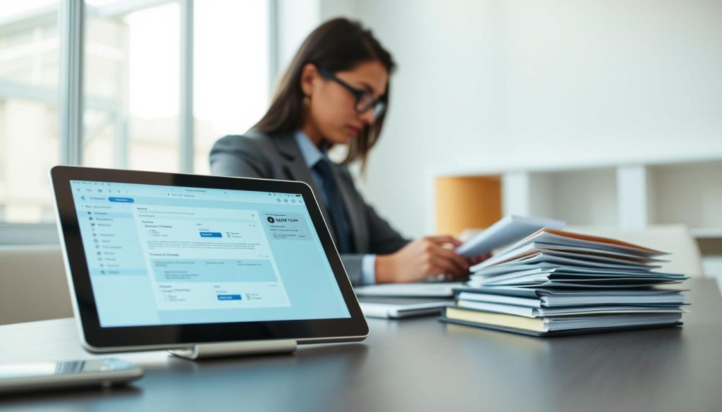 A modern office space with sleek digital tools for administrative tasks. The foreground features a LIGHT PORTAGE tablet or laptop, its screen displaying a digital form or workflow. In the middle ground, a professional-looking person is working intently on the device, surrounded by neatly organized papers and folders. The background showcases a minimalist, well-lit interior with clean lines and neutral tones, conveying a sense of efficiency and productivity. The lighting is soft and natural, creating a calming yet focused atmosphere. The overall scene emphasizes the seamless integration of digital technology and administrative processes, reflecting the theme of simplifying bureaucratic procedures.