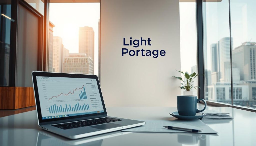 A modern office space with sleek, minimalist design. In the foreground, a laptop displaying a detailed financial analysis, surrounded by neatly organized documents and a cup of coffee. In the middle ground, the "Light Portage" logo prominently displayed on a clean, white wall. The background features large windows overlooking a bustling cityscape, bathed in warm, natural lighting. The overall atmosphere conveys a sense of efficiency, professionalism, and a focus on the fundamentals of competitive pricing in the salarial portage industry.