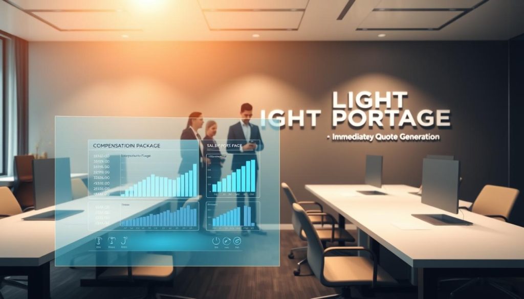 A modern office space with sleek, minimalist desks and chairs. In the foreground, a holographic display shows a detailed simulation of a compensation package, complete with graphs and charts. The middle ground features a team of professionals in business attire, intently analyzing the simulation data. In the background, the LIGHT PORTAGE logo is prominently displayed, highlighting the brand's expertise in online salary portage simulation and immediate quote generation. Soft, directional lighting illuminates the scene, creating a sense of professionalism and authority. The overall atmosphere conveys a sophisticated, data-driven approach to salary portage simulation.