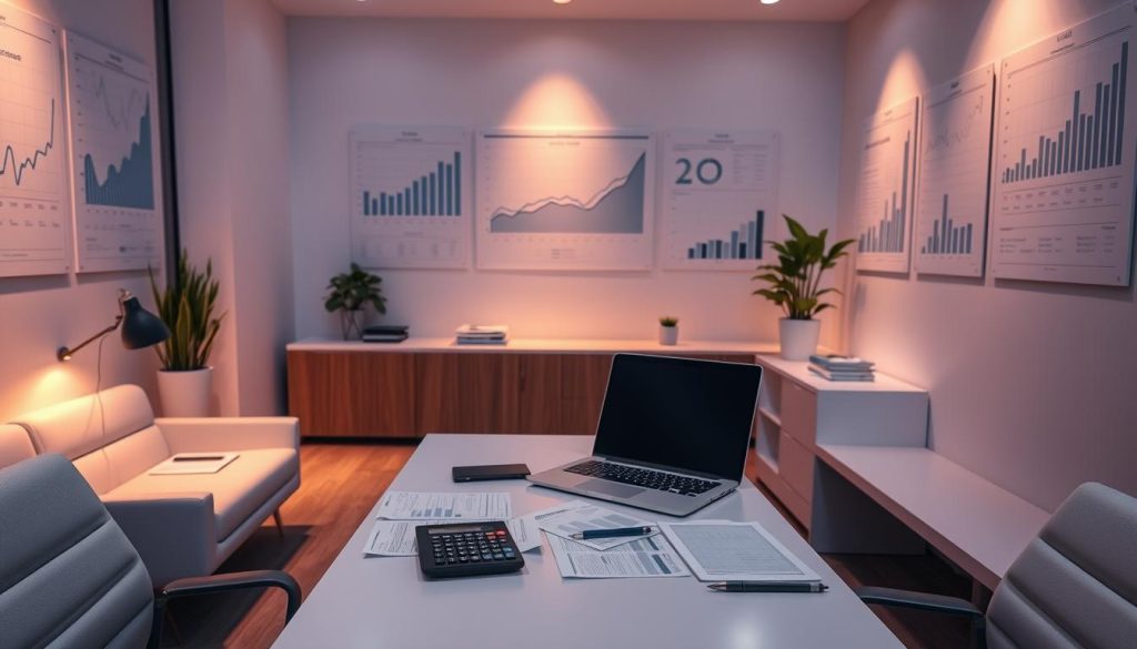 A modern office space with sleek, minimalist furniture and clean lines. On the desk, a laptop, a calculator, and various financial documents neatly organized. The walls are adorned with graphs and charts depicting financial data, conveying the sense of a professional, well-managed workspace. Soft, directional lighting casts a warm glow, creating a contemplative and focused atmosphere. The scene evokes a sense of efficiency, attention to detail, and the careful management of financial matters associated with the "Portage Salarial" employment model.