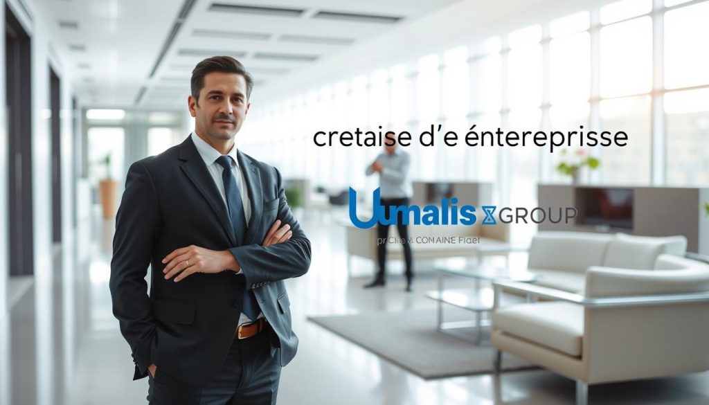 A modern office space with two contrasting figures, one representing "portage salarial" and the other "création d'entreprise". The "portage salarial" figure stands in the foreground, dressed in a sharp suit and tie, exuding professionalism and stability. The "création d'entreprise" figure is in the middle ground, with a more casual attire, conveying a sense of entrepreneurial spirit and risk-taking. The background features sleek, minimalist furniture and floor-to-ceiling windows, allowing natural light to fill the space. The overall atmosphere is one of balance, with a focus on the key differences between the two concepts. The Umalis Group logo is prominently displayed, highlighting their expertise in this domain.
