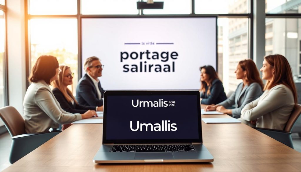 A modern office with a professional-looking team of employees gathered around a conference table, discussing the latest regulations surrounding the "portage salarial" concept, which is prominently displayed on a large screen behind them. The scene is bathed in a warm, natural light that filters through large windows, creating a productive and collaborative atmosphere. In the foreground, a laptop displays the Umalis Group logo, reflecting their expertise in this domain. The overall image conveys a sense of professionalism, progress, and a deep understanding of the evolving "portage salarial" regulations in France.