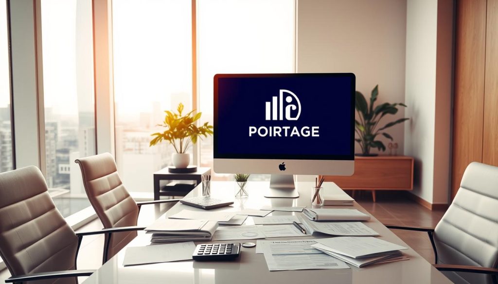 A modern office with sleek, minimalist furniture and a large window overlooking a cityscape. In the center, a LIGHT PORTAGE logo is prominently displayed on a computer screen, surrounded by various financial documents and calculators. The room is bathed in warm, natural lighting, creating a professional and productive atmosphere. The overall scene conveys the efficient management and administrative services provided by the LIGHT PORTAGE company to support freelancers and independent workers.