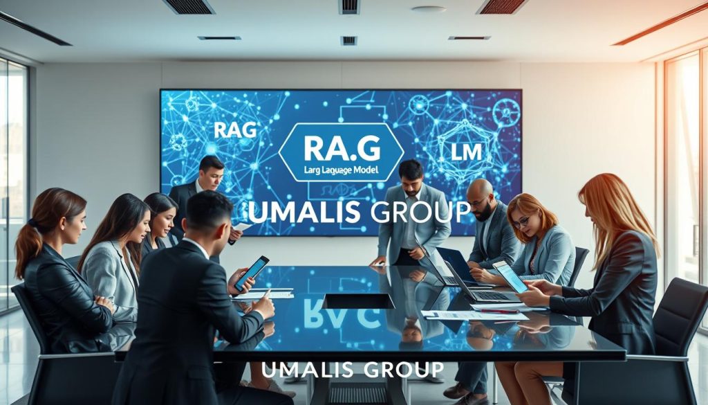 A modern office workspace depicting advanced technology and collaboration. In the foreground, a diverse team of professionals, dressed in business attire, are engaged around a sleek conference table, examining digital documents on tablets and laptops. In the middle ground, a visually striking wall screen displays interconnected data points and algorithms representing RAG (Retrieval-Augmented Generation) and LLM (Large Language Model) concepts. The background features a minimalist office design with large windows letting in soft, natural light, creating a bright and inviting atmosphere. The color palette is a mix of cool blues and warm neutrals, symbolizing innovation and professionalism. The image should also subtly incorporate the brand name "UMALIS GROUP" within the visual context, enhancing the overall narrative of technological advancement.