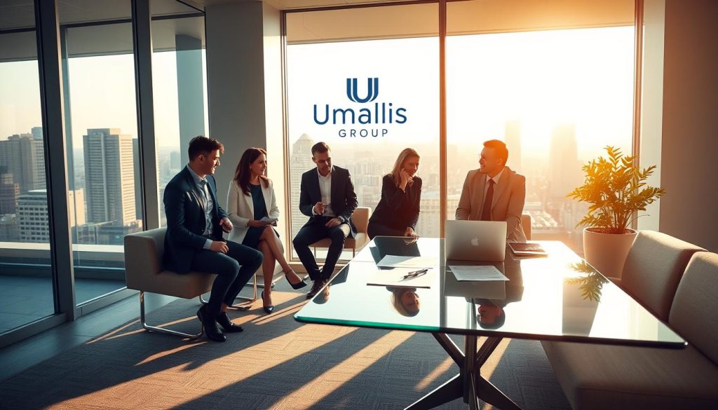 A modern office workspace depicting the evolution of the professional services industry. In the foreground, a diverse group of four professionals—two men and two women—engaged in discussion, all wearing smart business attire. The middle layer features sleek, minimalist furniture, with laptops open and documents spread across a glass conference table. The background showcases large windows with a cityscape view, bathed in warm, natural light, suggesting a welcoming atmosphere. Soft shadows cast across the floor enhance the professional yet inviting mood. The image subtly incorporates the brand name "Umalis Group" within a stylish logo on the wall, embodying the theme of innovation and trust within professional services. Focus on capturing a contemporary and collaborative environment.