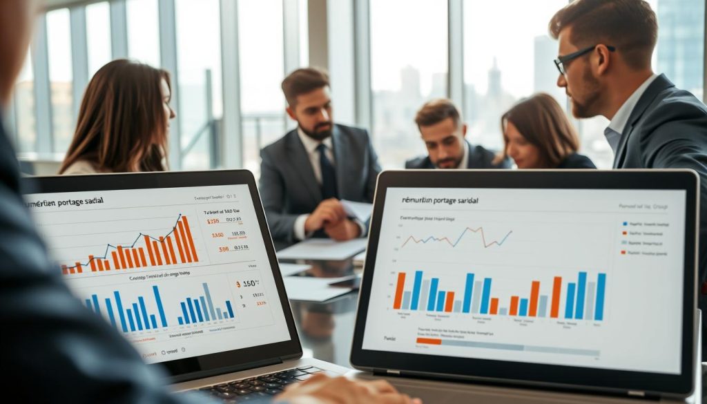 A modern office workspace featuring a diverse team of professionals gathered around a conference table, analyzing financial charts and reports related to "rémunération portage salarial." In the foreground, a close-up of a laptop screen displaying graphs of revenue and salary figures, with the brand name "UMALIS GROUP" prominently visible. The middle layer shows focused individuals, a woman in business attire taking notes, and a man in a suit pointing at the screen, engaged in a productive discussion. The background reveals a bright, well-lit office environment with glass walls and a city skyline view, conveying a mood of professionalism and collaboration. Soft natural lighting filters through the windows, casting a warm glow on the scene, captured from a slightly elevated angle to emphasize teamwork and detail. A modern office workspace featuring a diverse team of professionals gathered around a conference table, analyzing financial charts and reports related to "rémunération portage salarial." In the foreground, a close-up of a laptop screen displaying graphs of revenue and salary figures, with the brand name "UMALIS GROUP" prominently visible. The middle layer shows focused individuals, a woman in business attire taking notes, and a man in a suit pointing at the screen, engaged in a productive discussion. The background reveals a bright, well-lit office environment with glass walls and a city skyline view, conveying a mood of professionalism and collaboration. Soft natural lighting filters through the windows, casting a warm glow on the scene, captured from a slightly elevated angle to emphasize teamwork and detail.