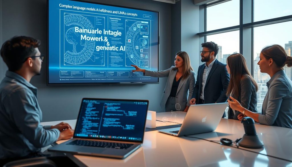 A modern office workspace featuring a large screen displaying complex language models, neural networks, and generative AI concepts. In the foreground, a diverse group of three professionals, dressed in business attire, engage in a collaborative discussion while pointing at the screen. The middle section showcases a sleek, futuristic desk with a laptop open to coding interfaces, alongside concepts like chatbots and intelligent agents visually represented by holographic projections. In the background, large windows reveal a cityscape, with soft daylight filtering through, casting a warm glow over the scene. The atmosphere is dynamic and focused, embodying innovation and teamwork, reflecting on the journey of learning about LLMs at UMALIS GROUP.