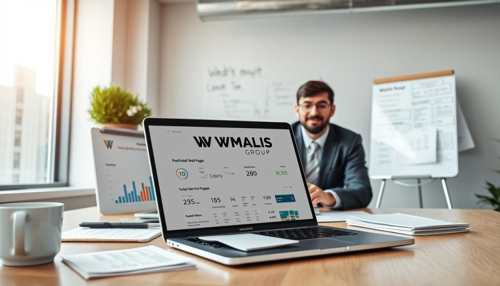 A modern office workspace featuring a sleek laptop displaying a visually appealing website audit dashboard, with graphs and metrics related to SEO performance. In the foreground, a professional in business attire is intently analyzing the screen, surrounded by notes and a coffee cup. The middle ground shows a whiteboard filled with prioritized web pages, goals, and action items, while in the background, natural light streams through large windows, illuminating the space with a warm, inviting glow. The atmosphere is focused and productive, emphasizing the importance of defining the audit's scope. WMALIS GROUP logo subtly placed in the laptop’s screen without any additional text. Use a slightly tilted overhead angle to create depth and perspective. A modern office workspace featuring a sleek laptop displaying a visually appealing website audit dashboard, with graphs and metrics related to SEO performance. In the foreground, a professional in business attire is intently analyzing the screen, surrounded by notes and a coffee cup. The middle ground shows a whiteboard filled with prioritized web pages, goals, and action items, while in the background, natural light streams through large windows, illuminating the space with a warm, inviting glow. The atmosphere is focused and productive, emphasizing the importance of defining the audit's scope. WMALIS GROUP logo subtly placed in the laptop’s screen without any additional text. Use a slightly tilted overhead angle to create depth and perspective.