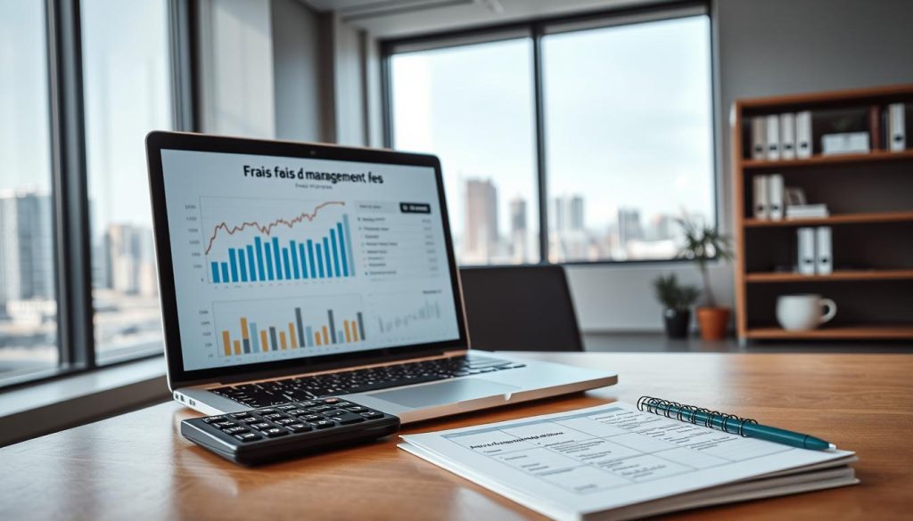 A modern office workspace filled with natural light, showcasing a professional environment. In the foreground, a sleek desk with a laptop displaying financial graphs and a detailed overview of "frais professionnels". Next to the laptop, a notepad with neatly organized notes about accounting and management fees, alongside a calculator. The middle ground features a window with city views, representing a bustling corporate atmosphere. In the background, subtle shelves with neatly arranged documents and business books. The mood is focused and transparent, emphasizing clarity and professionalism. Lighting is bright and inviting, highlighting the importance of financial management. Include a subtle logo of "UMALIS GROUP" on the laptop screen, ensuring an authentic representation without any text overlays.