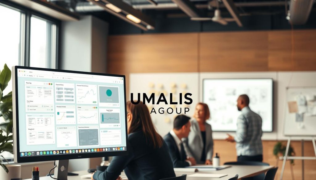 A modern office workspace focusing on digital navigation design, featuring a sleek computer screen displaying wireframes and UI mockups. In the foreground, a diverse team of UX/UI designers in professional business attire collaborates around a table, discussing and analyzing user flow diagrams and prototypes. The middle ground showcases post-it notes and design sketches pinned on a wall for brainstorming. In the background, soft, diffused natural light filters through large windows, creating an inviting atmosphere. The colors are warm and professional, conveying innovation and creativity. The branding logo "UMALIS GROUP" subtly appears in the design elements on the screens, emphasizing the focus on enhancing website usability in a modern digital context. A modern office workspace focusing on digital navigation design, featuring a sleek computer screen displaying wireframes and UI mockups. In the foreground, a diverse team of UX/UI designers in professional business attire collaborates around a table, discussing and analyzing user flow diagrams and prototypes. The middle ground showcases post-it notes and design sketches pinned on a wall for brainstorming. In the background, soft, diffused natural light filters through large windows, creating an inviting atmosphere. The colors are warm and professional, conveying innovation and creativity. The branding logo "UMALIS GROUP" subtly appears in the design elements on the screens, emphasizing the focus on enhancing website usability in a modern digital context.