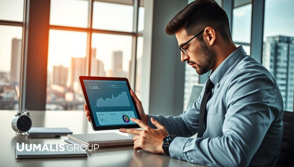 A modern office workspace illuminated with soft, natural light filtering through large windows. In the foreground, a focused professional, dressed in business attire, interacts with a high-tech tablet displaying graphs and AI analytics related to time management in the context of portage salarial. The middle ground features a contemporary desk adorned with notebooks and a digital clock, symbolizing efficient time tracking. Behind, a vibrant cityscape is visible, representing the dynamic work environment. The overall mood is one of productivity and motivation, with a subtle touch of technology's role in transforming work routines. There's a clear, branded logo of "UMALIS GROUP" subtly integrated into the design elements of the workspace to signify professionalism and modernity.