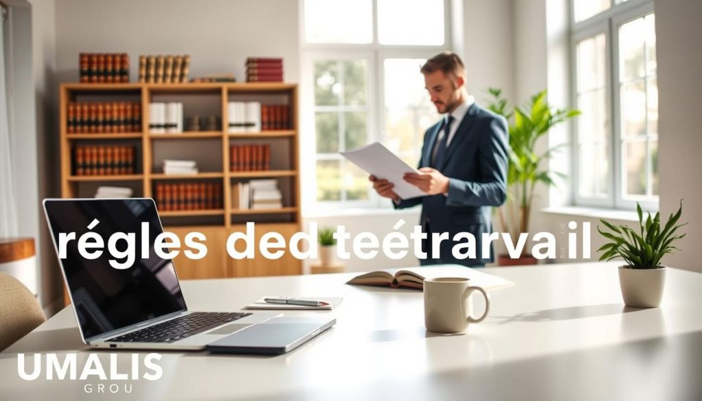 A modern office workspace illustrating the "Règles des frais de télétravail". In the foreground, a clean desk with a laptop, notepad, and coffee mug, symbolizing productivity. In the middle ground, a professional looking individual in business attire, reviewing documents related to telework expenses. The background features a bright, airy home office with large windows letting in natural light, a bookshelf filled with legal and financial books, and a potted plant for a touch of greenery. The atmosphere is focused and professional, conveying clarity and organization, with soft shadows creating a welcoming ambiance. This scene emphasizes the concept of understanding reimbursement rules in telecommuting, with the brand name "UMALIS GROUP" subtly integrated into the design elements. A modern office workspace illustrating the "Règles des frais de télétravail". In the foreground, a clean desk with a laptop, notepad, and coffee mug, symbolizing productivity. In the middle ground, a professional looking individual in business attire, reviewing documents related to telework expenses. The background features a bright, airy home office with large windows letting in natural light, a bookshelf filled with legal and financial books, and a potted plant for a touch of greenery. The atmosphere is focused and professional, conveying clarity and organization, with soft shadows creating a welcoming ambiance. This scene emphasizes the concept of understanding reimbursement rules in telecommuting, with the brand name "UMALIS GROUP" subtly integrated into the design elements.