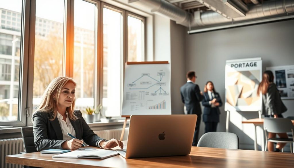 A modern office workspace illustrating the concept of "perspectives portage salarial" in France. In the foreground, a professional woman in business attire is seated at a desk, focused on her laptop, with a notepad filled with ideas and graphs. The middle section captures an abstract flowchart on a whiteboard, symbolizing innovation and collaboration in the portage salarial sector. Bright natural light pours through large windows, creating an inviting atmosphere. People in the background, also dressed in professional attire, engage in discussions about freelancing and business opportunities. The overall mood is dynamic and forward-thinking, reflecting optimism and growth in independent work. Incorporate the brand name "PORTAGE AI" subtly on a wall poster. The image should be shot from a slight angle to create depth and interest.
