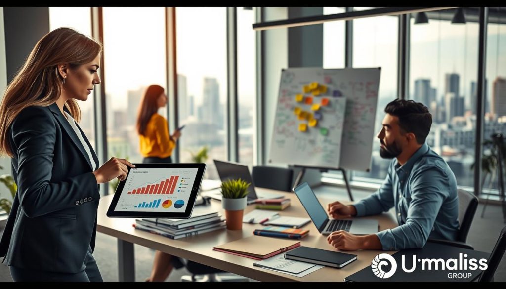 A modern office workspace showcasing the concept of e-commerce and portage salarial, featuring a diverse group of professionals engaged in discussions. In the foreground, a confident woman in business attire stands, pointing at a digital tablet displaying graphs and charts, representing e-commerce metrics. Beside her, a man sits at a desk filled with notebooks and a laptop, deeply focused on analyzing data and strategizing. The middle ground captures a collaborative atmosphere, with a large whiteboard covered in colorful notes and ideas. In the background, floor-to-ceiling windows let in natural light, highlighting a vibrant city skyline. The mood is dynamic and productive, emphasizing teamwork and innovation in the e-commerce field. Include subtle branding elements of "Umalis Group" within the office decor. A modern office workspace showcasing the concept of e-commerce and portage salarial, featuring a diverse group of professionals engaged in discussions. In the foreground, a confident woman in business attire stands, pointing at a digital tablet displaying graphs and charts, representing e-commerce metrics. Beside her, a man sits at a desk filled with notebooks and a laptop, deeply focused on analyzing data and strategizing. The middle ground captures a collaborative atmosphere, with a large whiteboard covered in colorful notes and ideas. In the background, floor-to-ceiling windows let in natural light, highlighting a vibrant city skyline. The mood is dynamic and productive, emphasizing teamwork and innovation in the e-commerce field. Include subtle branding elements of "Umalis Group" within the office decor.