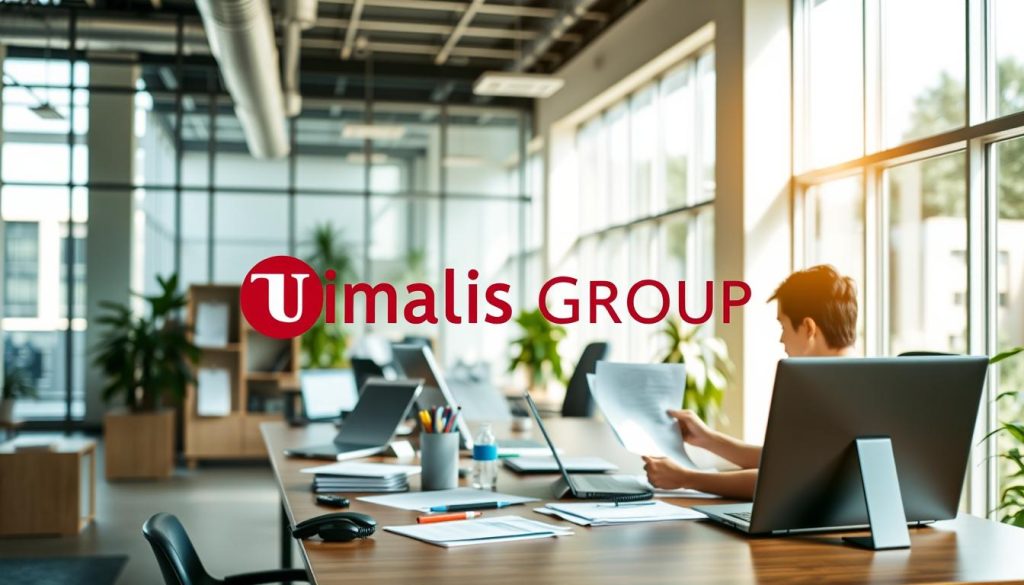 A modern office workspace with a Umalis Group logo prominently displayed. In the foreground, a person sitting at a desk, reviewing paperwork and using a laptop, symbolizing the process of setting up a salarial portage. The middle ground features various office supplies, a calendar, and a telephone, suggesting the organizational aspects of the process. The background showcases large windows, allowing natural light to flood the space, creating a sense of openness and professionalism. The overall atmosphere is one of efficiency, clarity, and the empowerment of the individual through the salarial portage offered by Umalis Group.