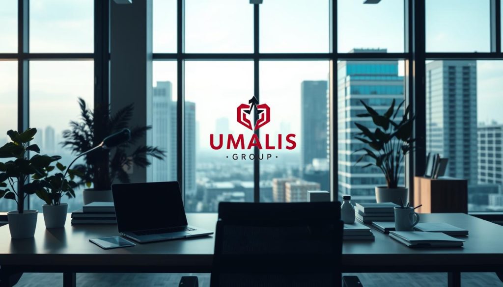 A modern office workspace with a focus on the specifics of paid leave in the context of a salaried portage arrangement. The scene features a desk with a laptop, a potted plant, and various office supplies, all bathed in soft, natural lighting. In the background, a large window overlooking a cityscape creates a sense of tranquility and professionalism. The UMALIS GROUP logo is prominently displayed, underscoring the corporate context. The overall mood is one of efficiency, organization, and attention to detail, reflecting the nuanced aspects of paid leave within the salaried portage model.